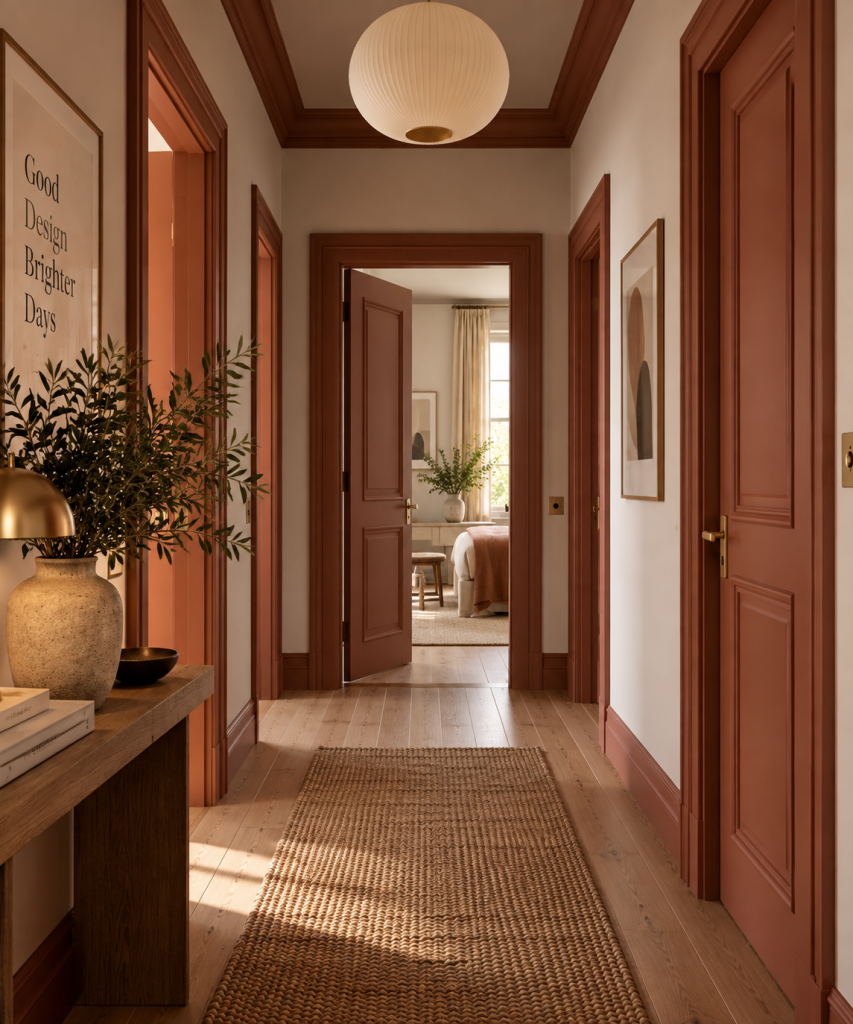 Peindre les portes et encadrements pour transformer un intérieur Portes et encadrements peints en terracotta dans un intérieur élégant