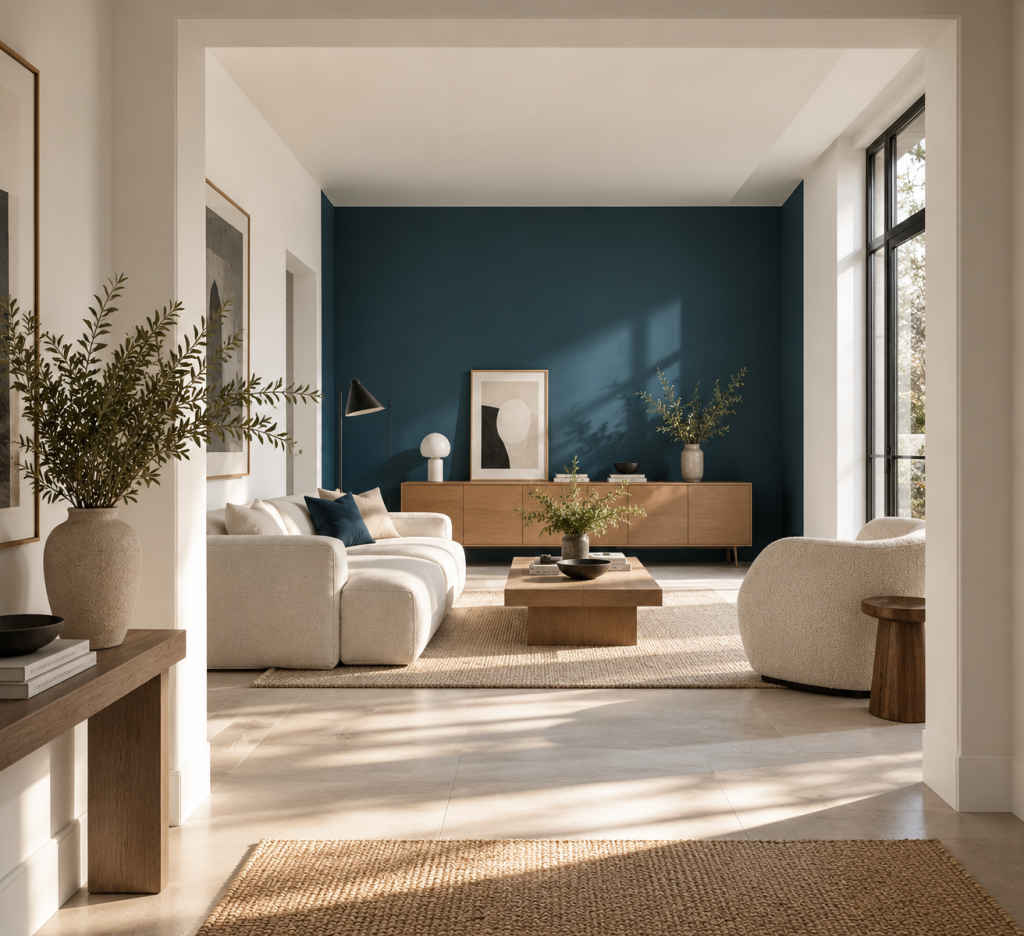 Peindre le mur du fond pour donner de la profondeur Mur du fond bleu profond pour accentuer la profondeur d’un salon