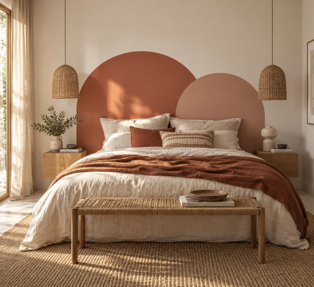 Tête de lit peinte en formes arrondies terracotta dans une chambre élégante Tête de lit en peinture – idée déco chambre