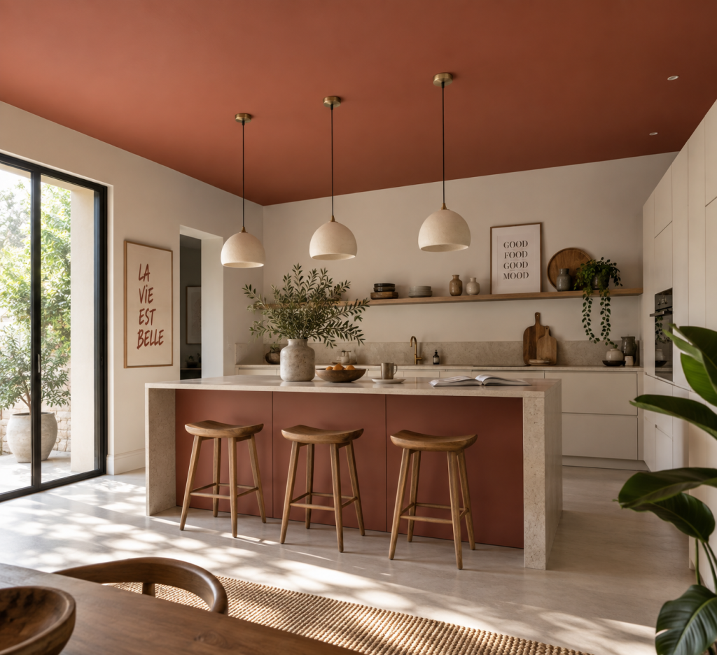 Plafond peint terracotta dans une cuisine contemporaine Cuisine contemporaine avec plafond terracotta peint et mobilier clair