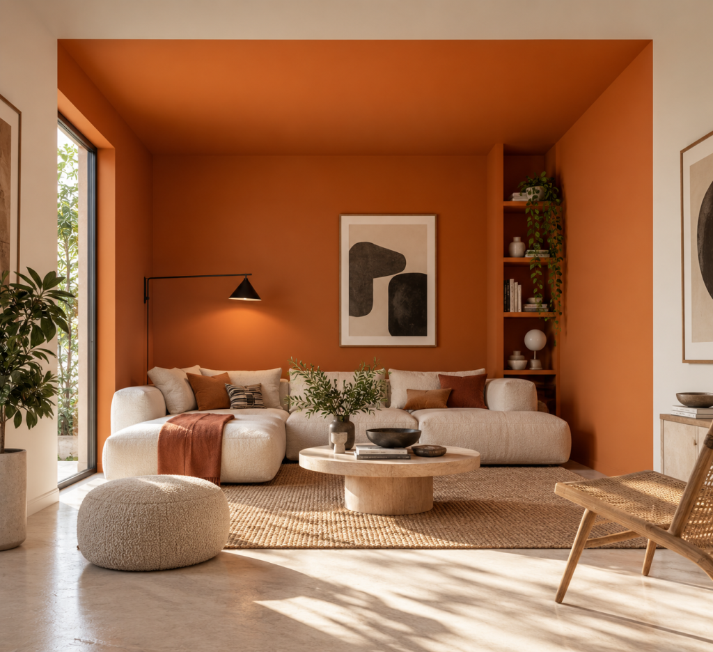 Créer un effet boîte avec la peinture Salon avec effet boîte orange créé par la peinture des murs et du plafond