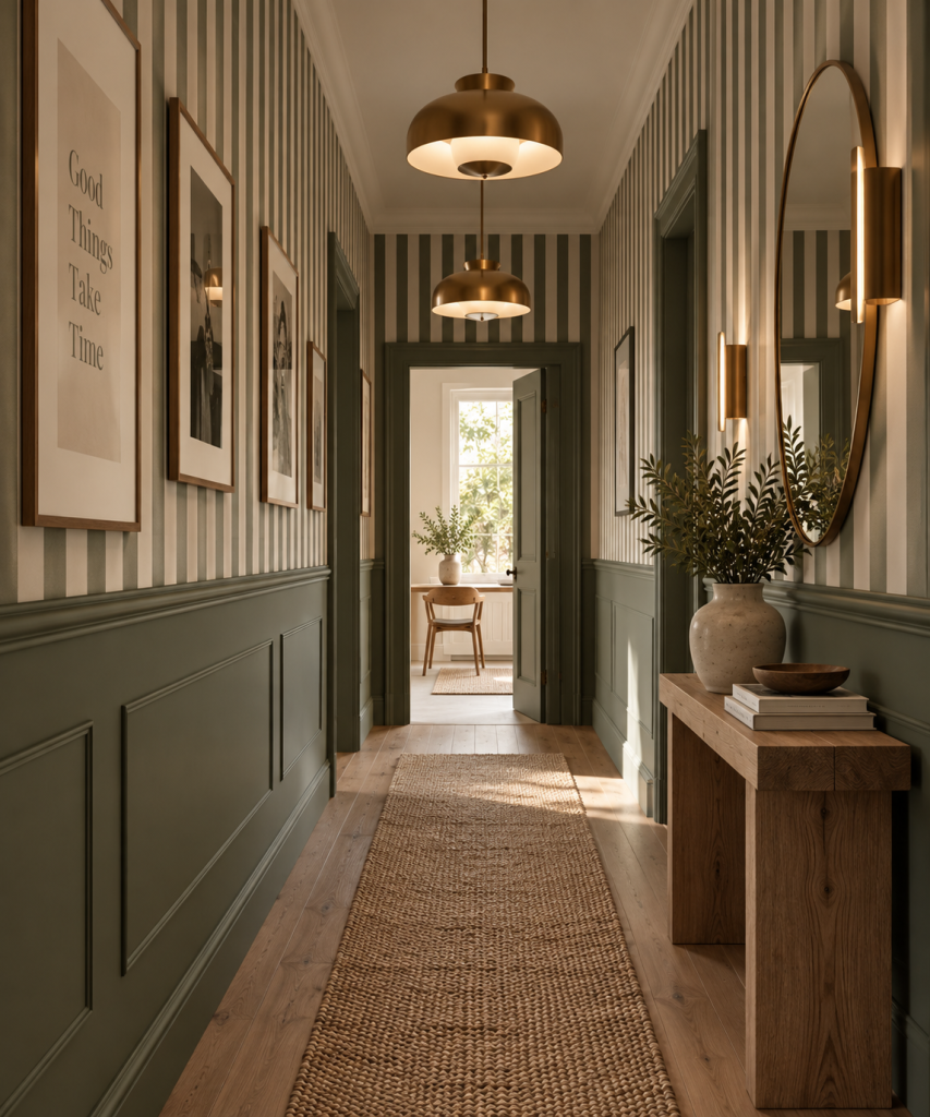 Faire du couloir une vraie pièce de décoration Couloir décoré avec soubassement vert et papier peint rayé